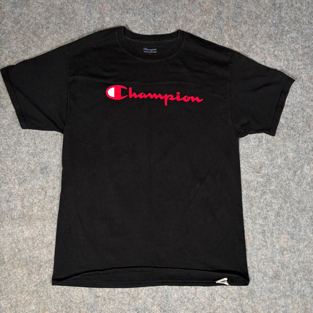 Champion T-Shirt Mens Large Black Red Script Logo‎ Short Sleeve Cotton spellout